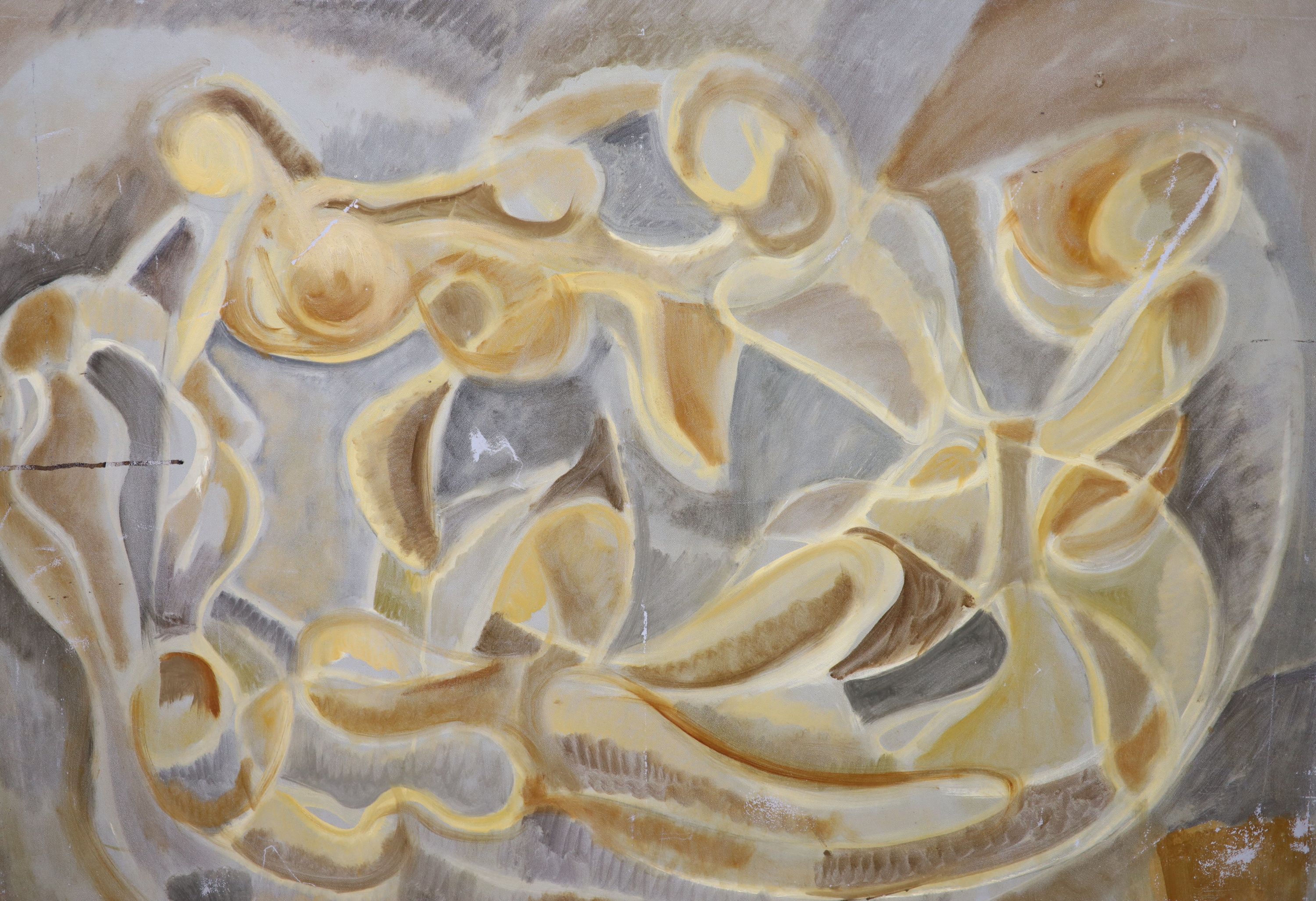 Francine Branlard, French, ‘Danube Bleu’, study with dancers, oil on canvas (A/F) together with four contemporary French abstract compositions, oil on canvas (5)